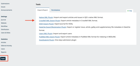 shows Tools menu with arrow to CrossRef XML plugin